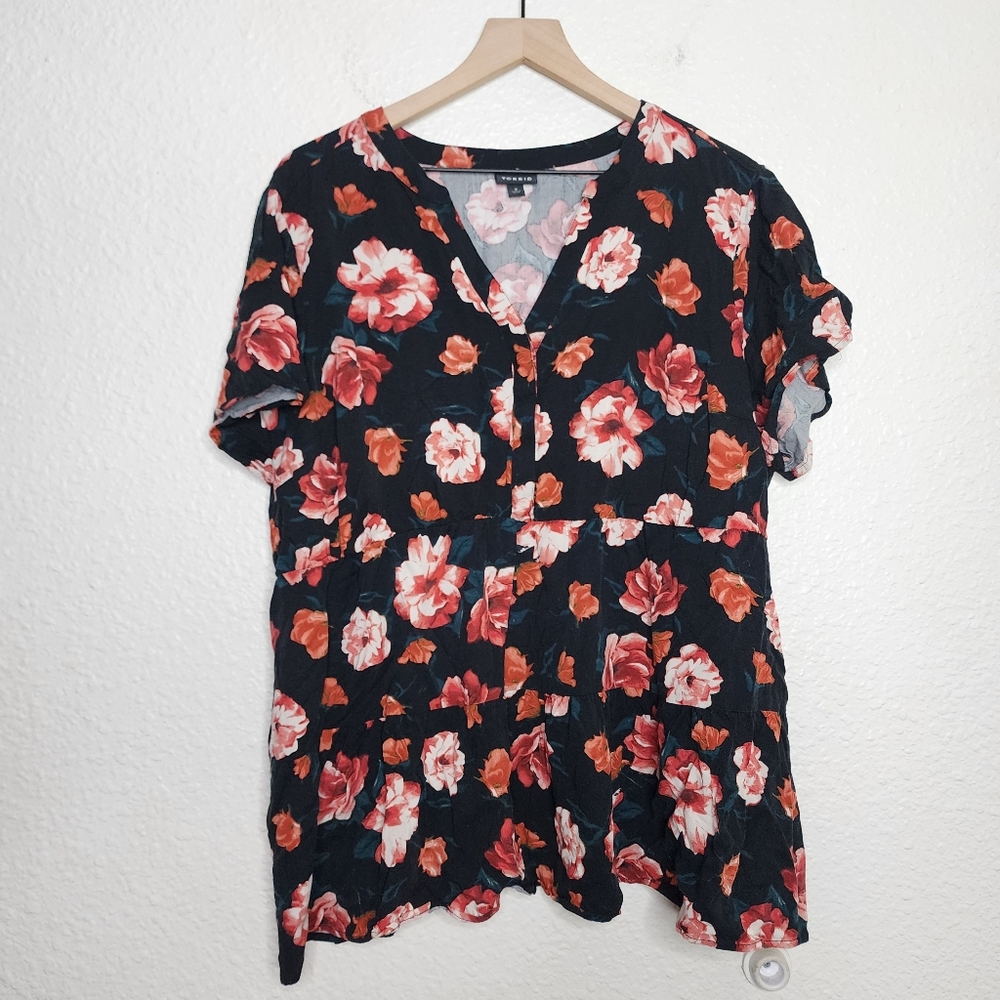 Torrid Babydoll Rayon Twill Button-Front Tiered Top Black Floral Women's Size 2X